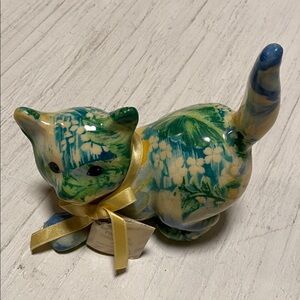 Porcelain Patchworks Cat Figurine with Yellow Bow